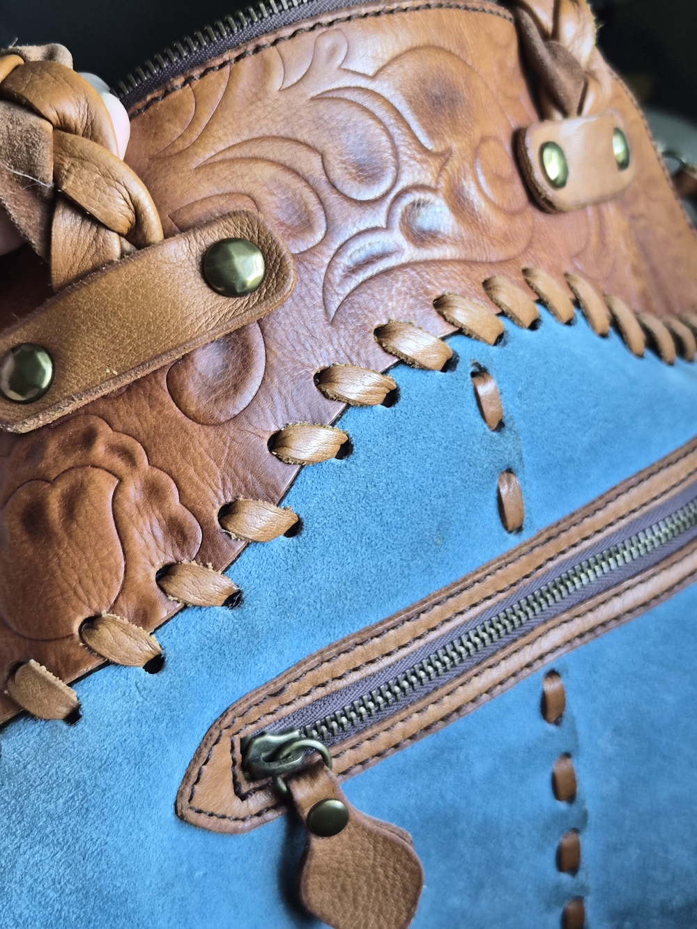Lucky Brand Two-Tone Braided Handle Suede Shoulder Bag - Blue & Brown - Picture 8 of 11